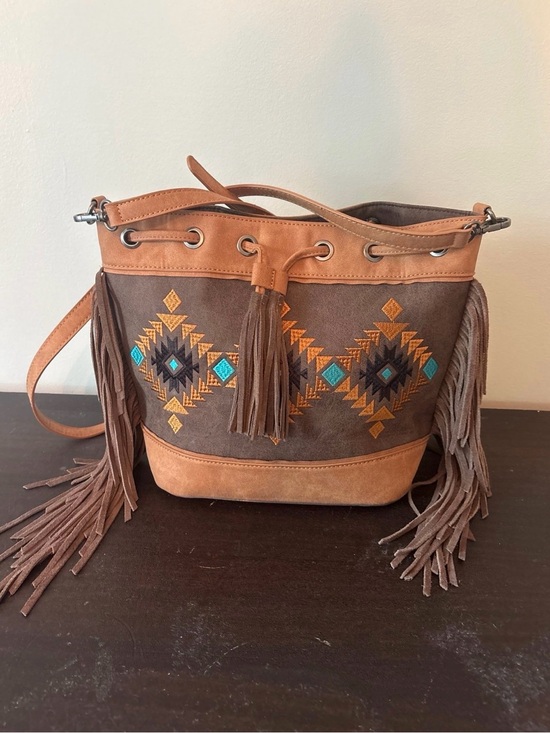 Montana West Handbags - Montana West Brown and Tan Suede Fringe Shoulder Bag with Turquoise Embroidery